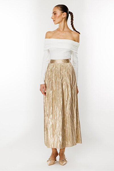 Moda İlgi Modailgi  Büzgülü Yan Cepli Uzun Etek Gold