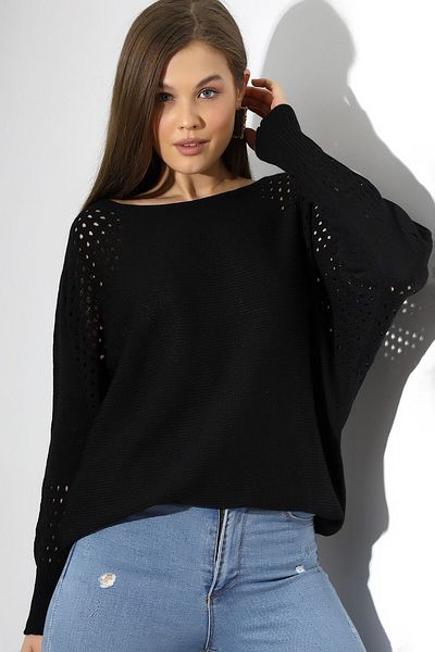 Devinka Pulover de damă, negru, oversize, ajurat, tricotat casual