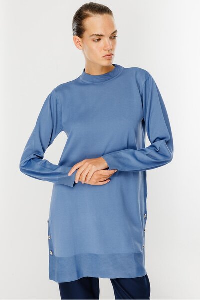 accort Yanları Düğmeli Triko Tunik-İNDİGO