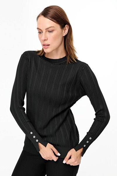 accort Kolu Düğmeli Sıfır Yaka Triko Kazak-SİYAH