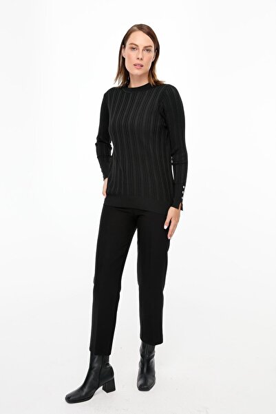 accort Kolu Düğmeli Sıfır Yaka Triko Kazak-SİYAH