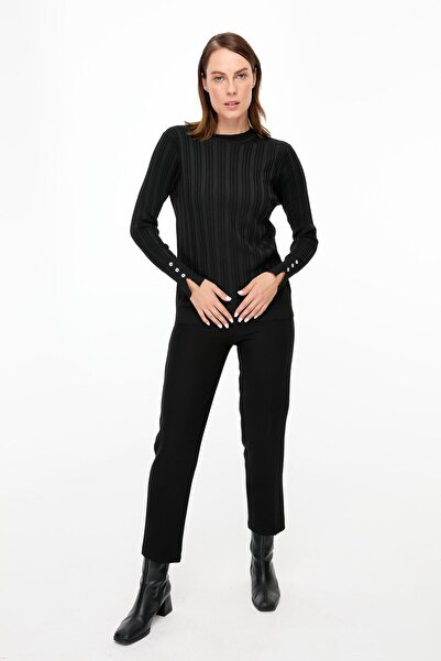 accort Kolu Düğmeli Sıfır Yaka Triko Kazak-SİYAH