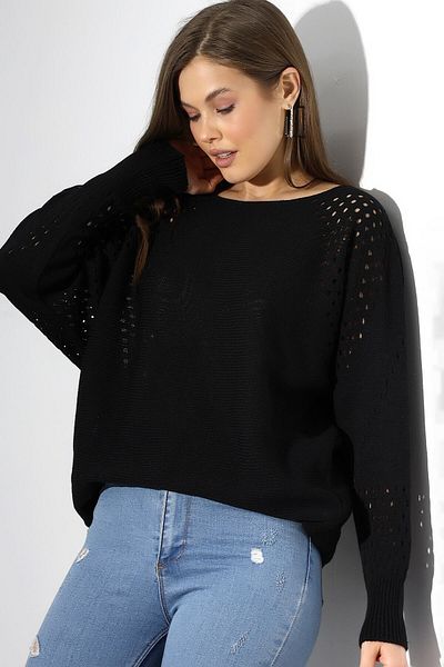 Devinka Pulover de damă, negru, oversize, ajurat, tricotat casual