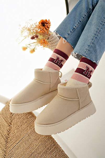 meyra'nın ayakkabıları Kadın Mini Bej Süet Yarım Bot Içi Tüylü Düz Taban Bot