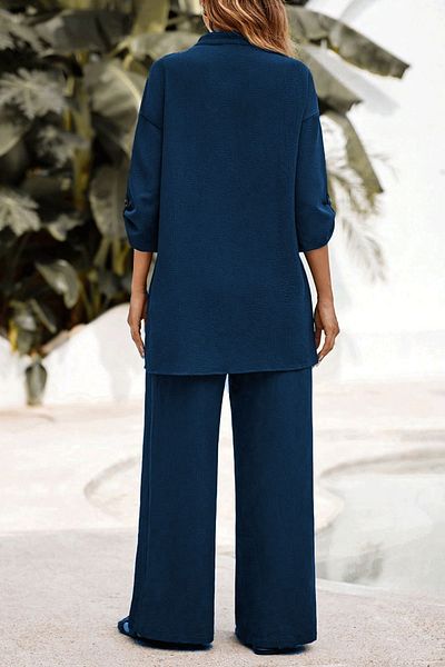 Know Women's Navy Blue Cuff Button Detail Crinkle Top and Bottom Set