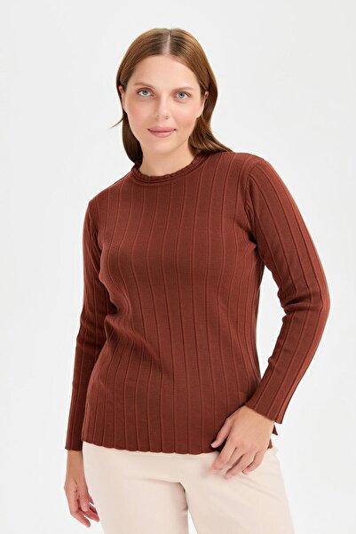 accort Büyük Beden Sıfır Yaka Fitilli Triko Kazak-KİREMİT