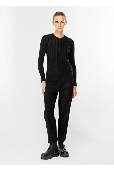 accort Kolları Düğmeli Fitilli Triko Kazak-siyah