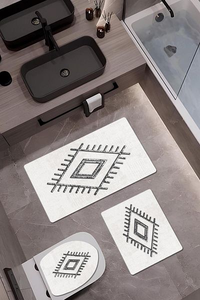 Doruklar Home Collection Set de toaletă din bambus din 3 piese cu model modern - covoraș de baie lavabil, antiderapant, pe bază de piele S