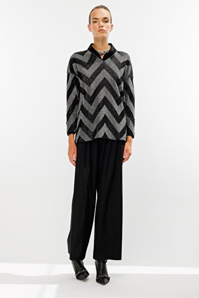 accort Zikzak Desenli Simli Triko Bluz-SİYAH/GÜMÜŞ
