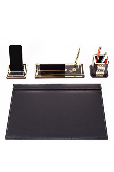 Ofistike Ares Siyah Deri Sümen Takımı Gold Mermer Desen Ahşap İsme Özel Masa ...