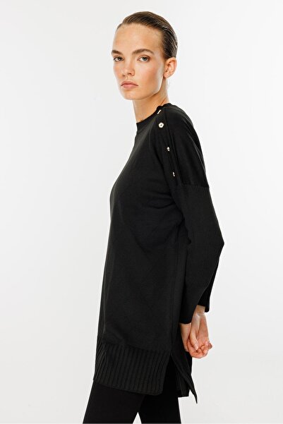 accort Omuzları Düğmeli Triko Tunik-SİYAH