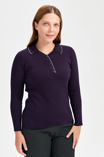 accort Büyük Beden Simli Polo Yaka Triko Kazak-MOR