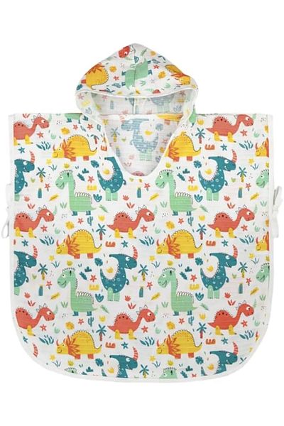Kentsoylu Hooded Organic Muslin Poncho for 1-5 Years Old Baby - Dinosaur Print, Tie-Up under Sleeve, Oeko-Tex