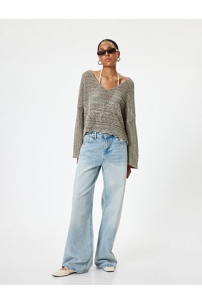 Koton V-Neck Bell Sleeve Acrylic Blended Openwork Sweater