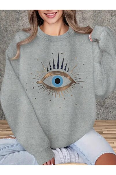 WOODROFFE Hanorac oversize pentru femei Evil Eye imprimat negru gri cu decolteu