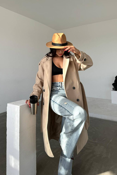 Neşeli Butik palton de damă din țesătură importată bej NBMYLK26