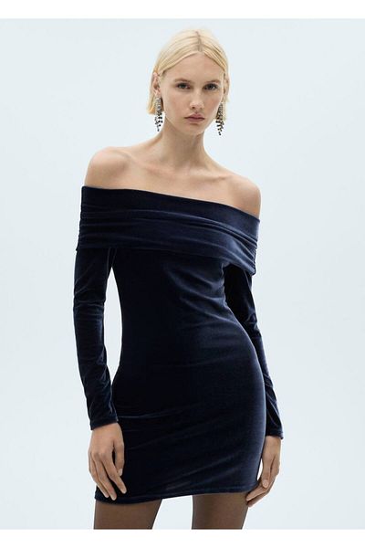 MANGO Woman Rochie din catifea cu umeri