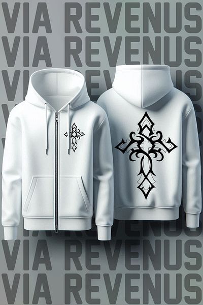 Vordevia White Unisex Hooded Sweatshirt - Cross Front and Back Printed, Zippered Cardigan