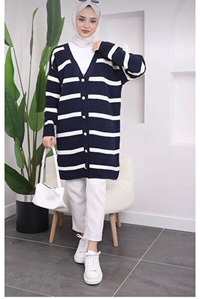 Modark Women's Tesetures Two Color Long Buttoned Tricot Cardigan