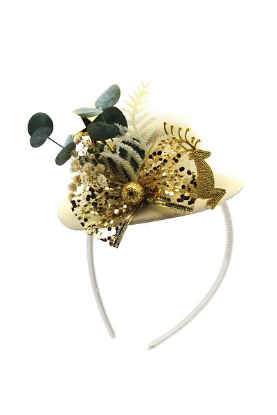 Lora Wedding Christmas Themed Cute Cream Color Party Hat with Natural Eucalyptus and Gold Deer