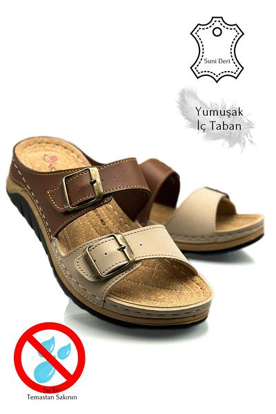sermoda Απαλές και ελαφριές γυναικείες αθλητικές παντόφλες - Διπλή αγκράφα, χοντρή σόλα 521/1 - Tan Mink