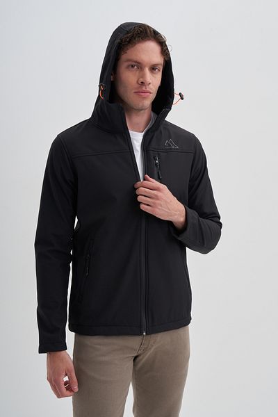 Cazador 24Kceed01047 Black Men's Soft Shell Hooded Front Zip 3 Pockets 96% Polyester 4% Elastane