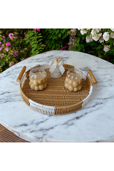 store trend Büyük boy Yuvarlak Renkli sunum dekor rattan tepsi 40 x 30 cm