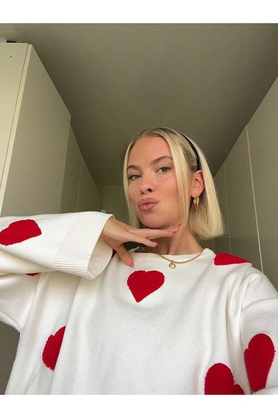 Jose Clothing Pulover de damă, alb, cu broderie de inimă, cu croiala supradimensionată