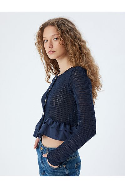 Koton Crew Neck Knit Crop CarDigan - ButtoneD anD RuFFle DetaileD