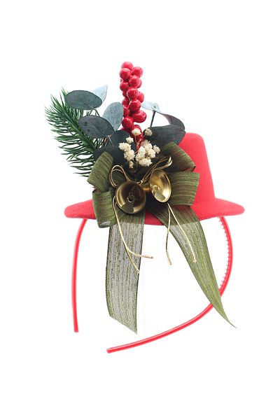 Lora Wedding Christmas Themed Cute Red Color Party Hat with Natural Eucalyptus and Metal Bells