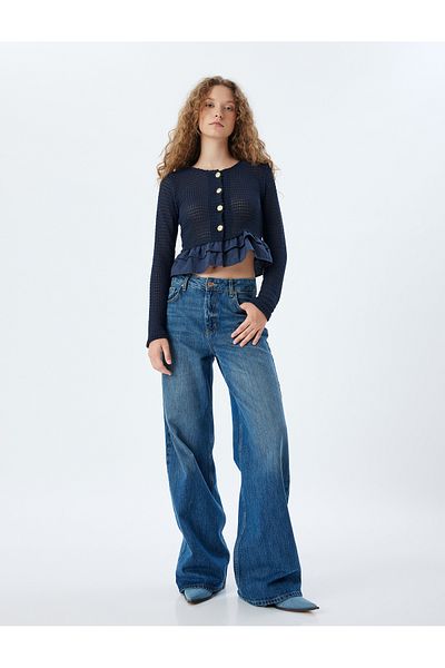 Koton Crew Neck Knit Crop CarDigan - ButtoneD anD RuFFle DetaileD