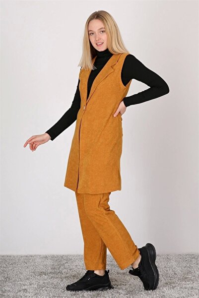 apsen Women's Jacket Collar Button Detailed Corduroy Suit 7008/90