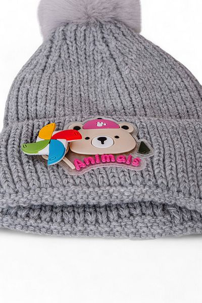 Eke Tekstil Girl's Folded Animals Embroidered Beanie with Pompom