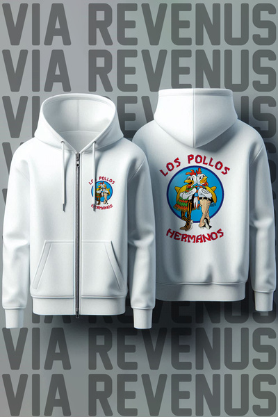 Vordevia Los Pollos Front and Back Printed Unisex Zippered Hooded White Sweatshirt Cardigan