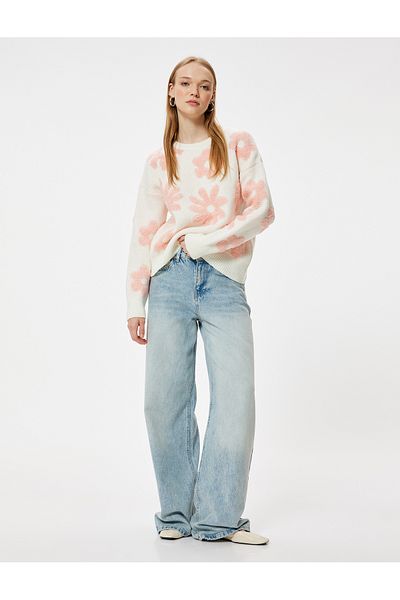 Koton Floral Patterned Jacquard Knitwear Sweater - Crew Neck
