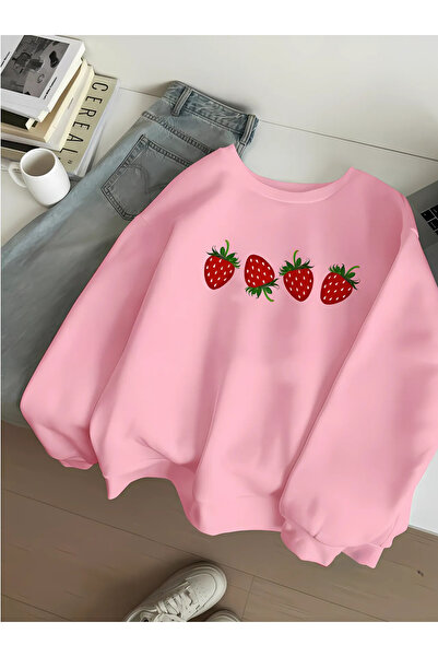 BEETON سويت شيرت وردي كبير الحجم من Strawberrys - شتوي سميك، رقبة دائرية