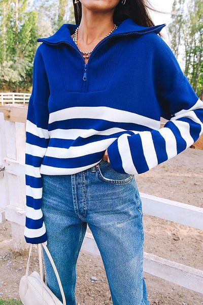 Jose Clothing Γυναικείο πλεκτό πουλόβερ Saks μπλε ριγέ Oversize με φερμουάρ