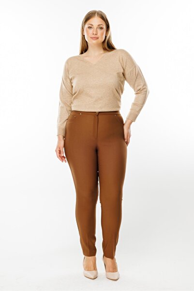 Moda İlgi Modailgi Beli Lastikli Beş Cep Dar Paça Pantolon Taba