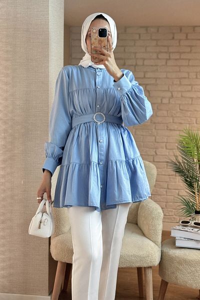 Miraydın Butik Baby Blue Women's Hijab Tunic Shirt - Belt Detailed