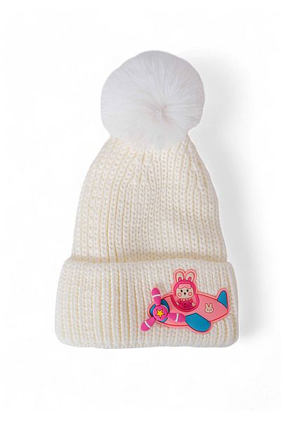 Eke Tekstil Children's Pompom Folded Airplane Embroidered Beret