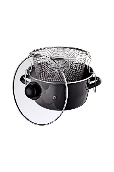 GİZEM وعاء مقلاة مطلي بالمينا باللون الأسود - وعاء قلي ورقائق البطاطس سعة 24 ...