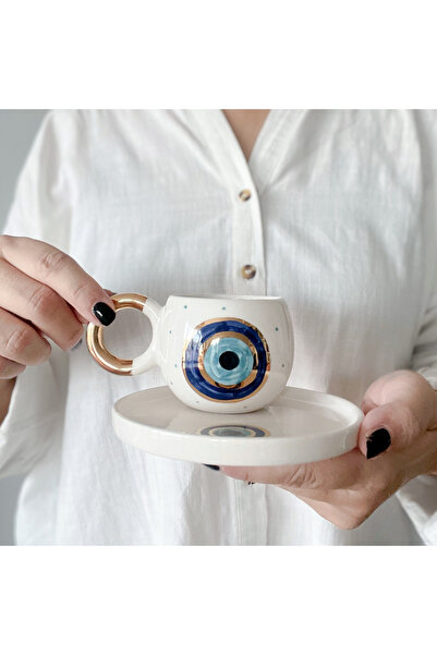 Mugtasarım 24K Gold Gilded Handmade Ceramic Evil Eye Turkish Coffee Cup 130 ml