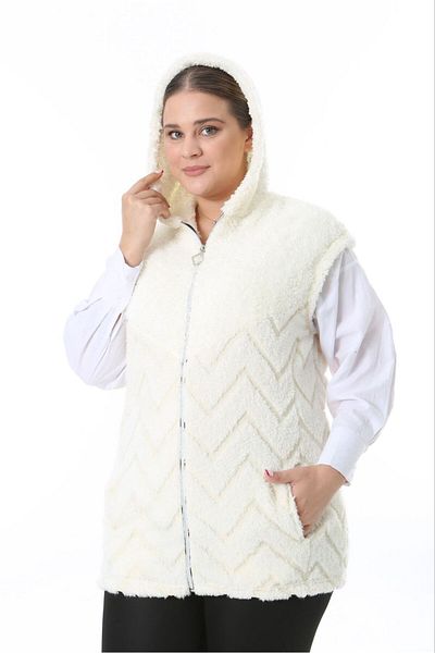 BİrHoşButik Plus Size Soft Lycra Plush Fleece Cardigan - Women's Vest with Pockets and Hoodie