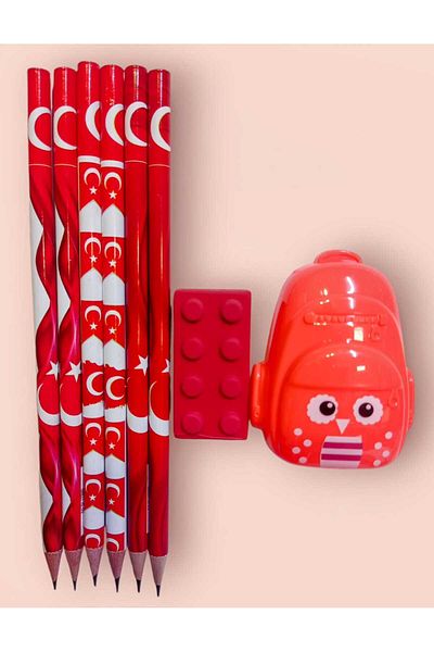 izmir yazici servis Fatih 6-Piece Pencil Set Legos Eraser Bag Shaped Pencil Sharpener Crescent and Star Turkish Flag