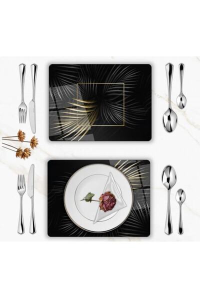 BD DİGİTAL Special Design Glass Printed Gold Leaves Plate Set 4 Pieces