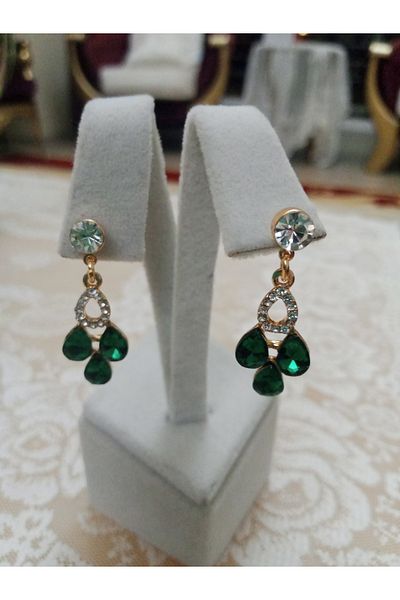Pervin Ablacım Green 3 Drop Earrings with Rhinestones