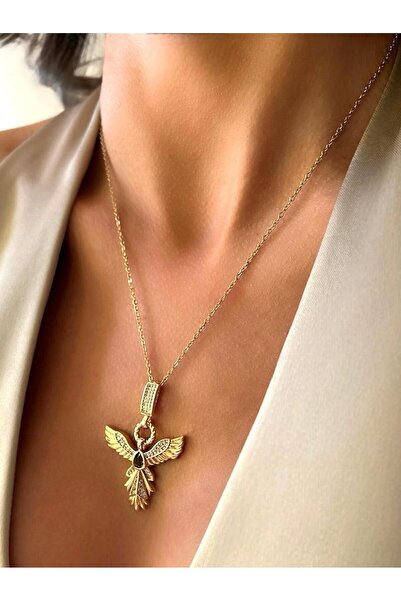 solaris design قلادة من الفولاذ باللون الذهبي على شكل فينيكس مرصعة بالأحجار