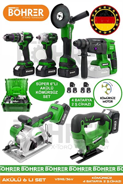BÖHRER Alman 4 Akülü 2 Şarjlı Kömürsüz V598 5ah Profesyonel 6 Makine Kombo Set ,