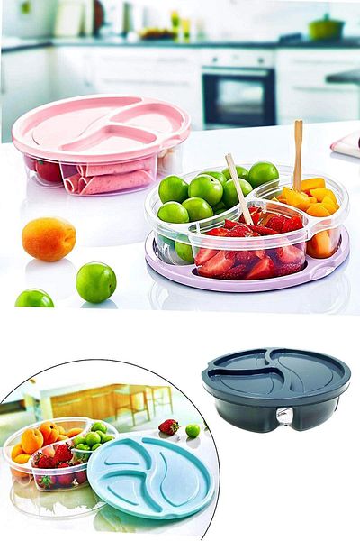 Rasanet Diet Storage Container 3 Compartments Practical Round Nutrition Breakfast Container Dark Gray