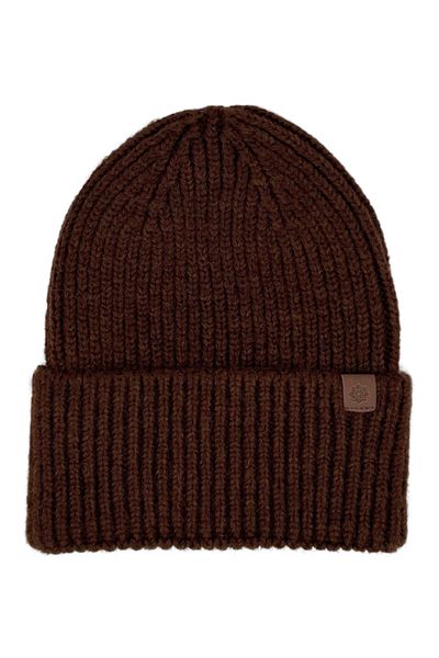 Sofist İstanbul Unisex Brown Leather Beanie - Label Detailed, Washed Wool and Folded Knitted Beanie